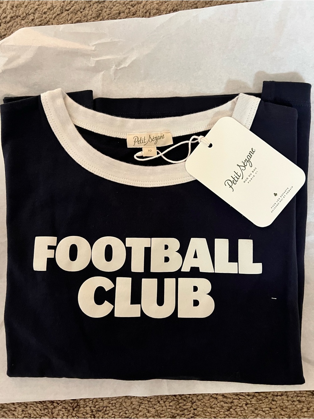 Sezane Navy and White "Football Club" Short Sleeve Tee